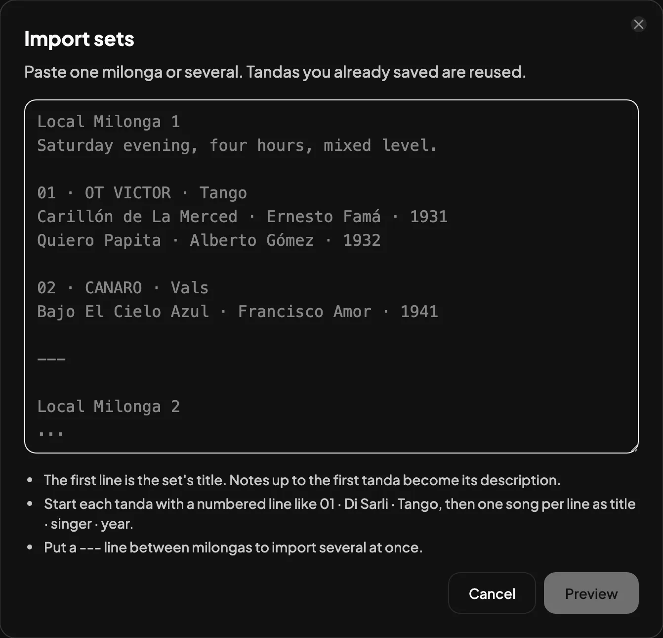 Screenshot of import a whole milonga